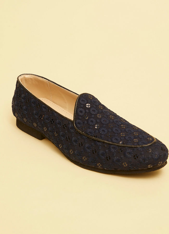 alt message - Manyavar Men Navy Blue Floral Patterned Sequined Loafers image number 2