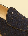 alt message - Manyavar Men Navy Blue Floral Patterned Sequined Loafers image number 1