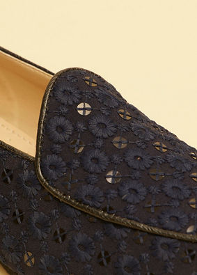 Manyavar Men Navy Blue Floral Patterned Sequined Loafers image number 1