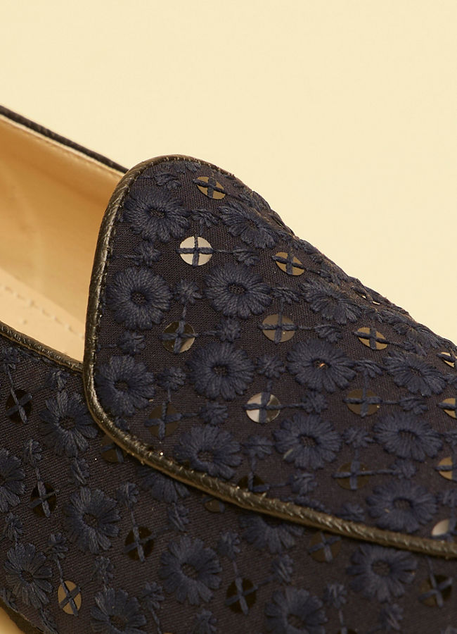 alt message - Manyavar Men Navy Blue Floral Patterned Sequined Loafers image number 1