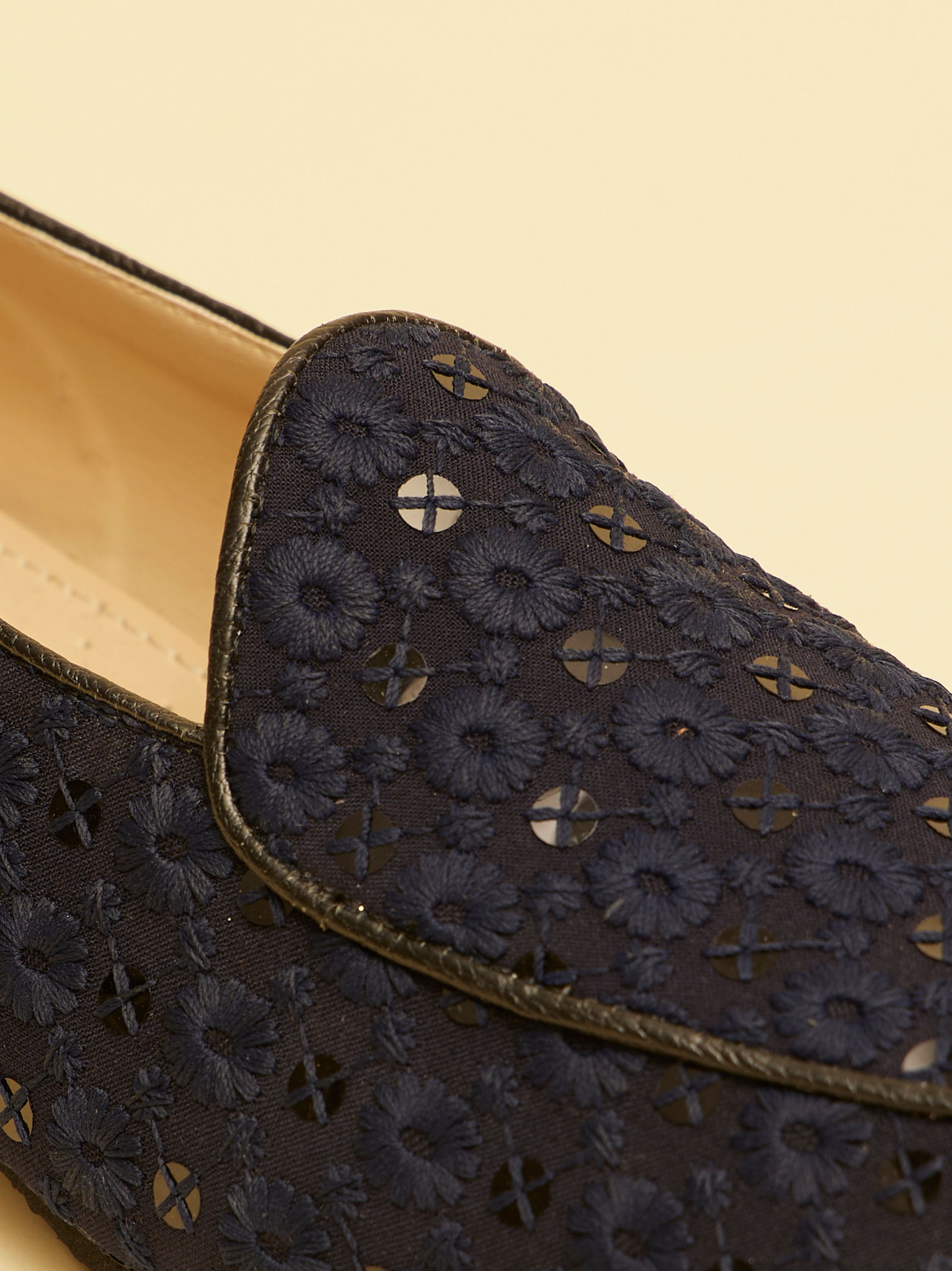 Manyavar Men Navy Blue Floral Patterned Sequined Loafers