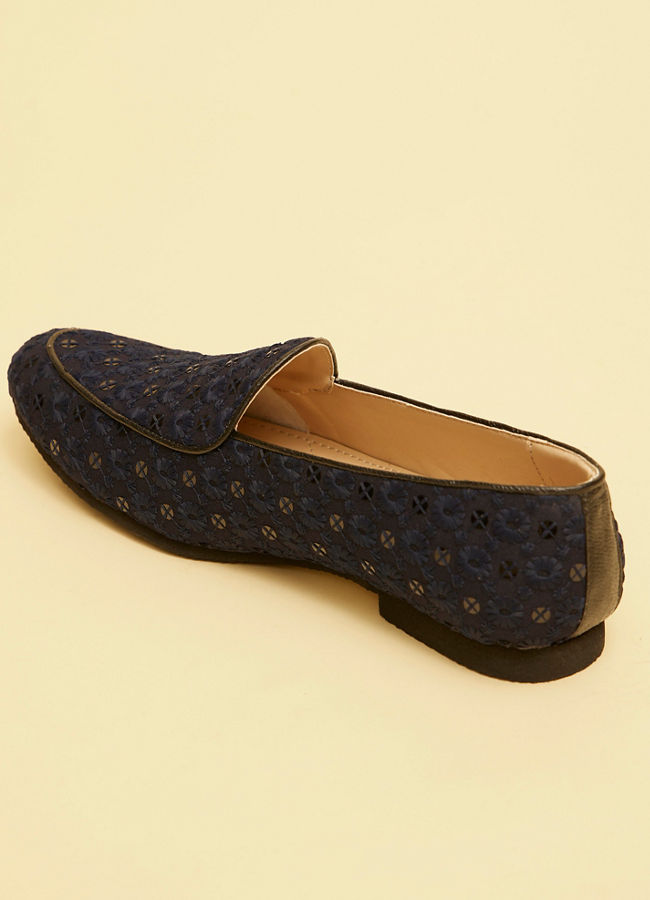 Manyavar Men Navy Blue Floral Patterned Sequined Loafers