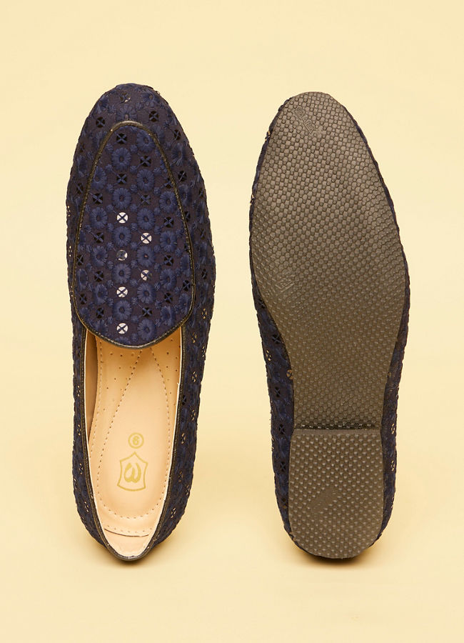 Manyavar Men Navy Blue Floral Patterned Sequined Loafers