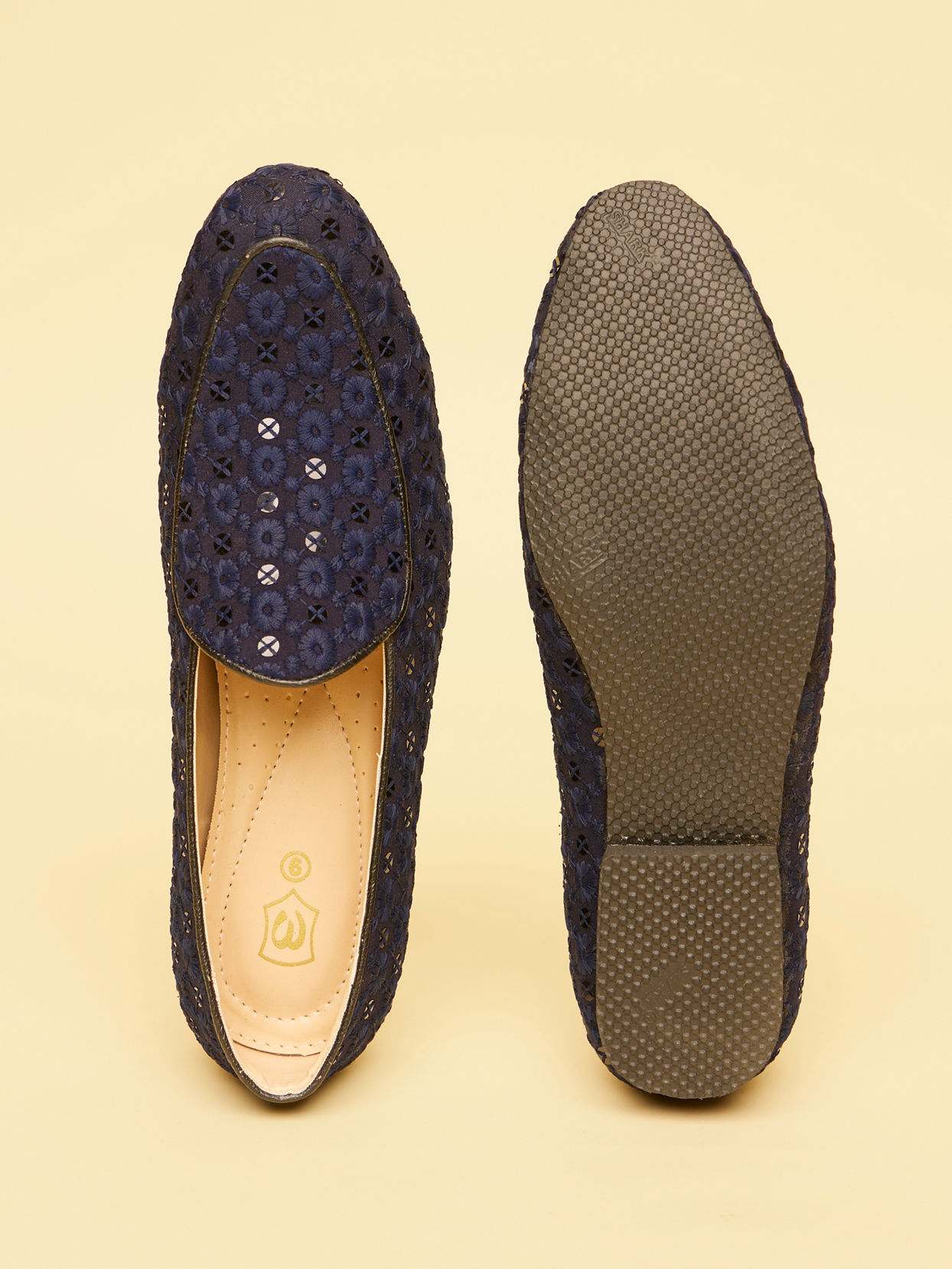 alt message - Manyavar Men Navy Blue Floral Patterned Sequined Loafers image number 4