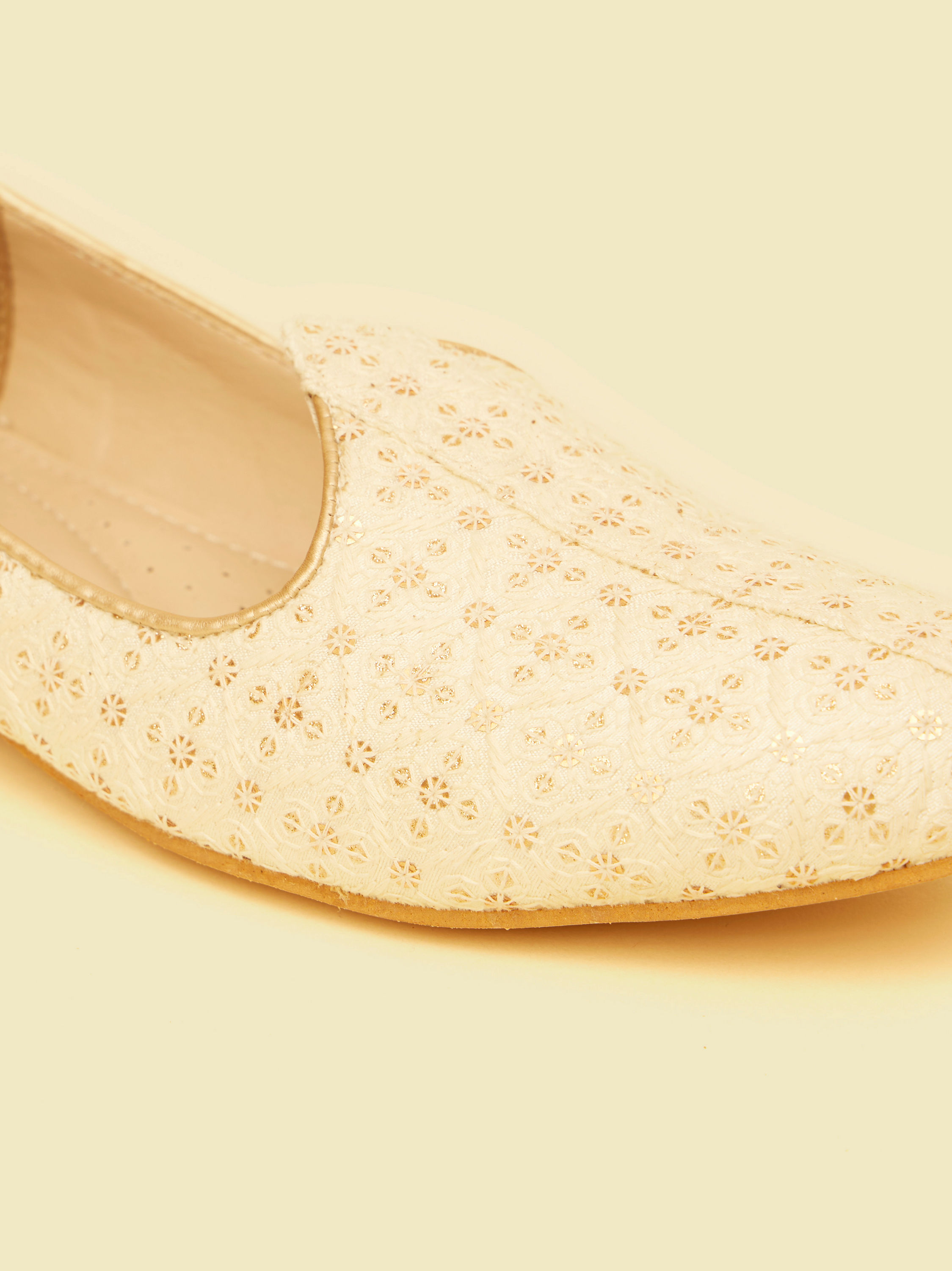 Manyavar Men Cream White Embroidered Loafer Style Shoes with Sequin Work