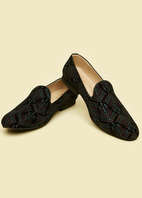 Manyavar Men Dark Blue Sequined Loafer Style Jootis