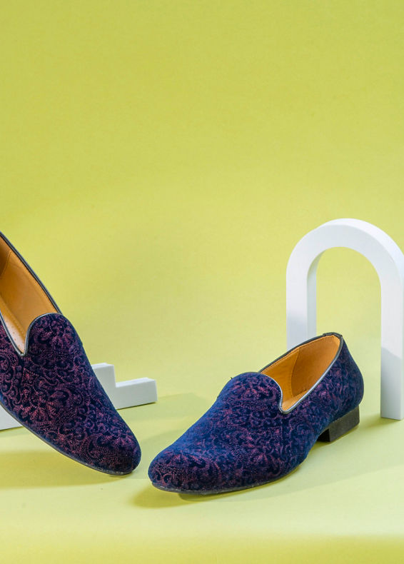 Manyavar Men Dark Blue Velvet Shoe