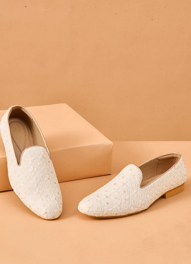 Manyavar Men Cream Art Silk Shoe with Embroidery