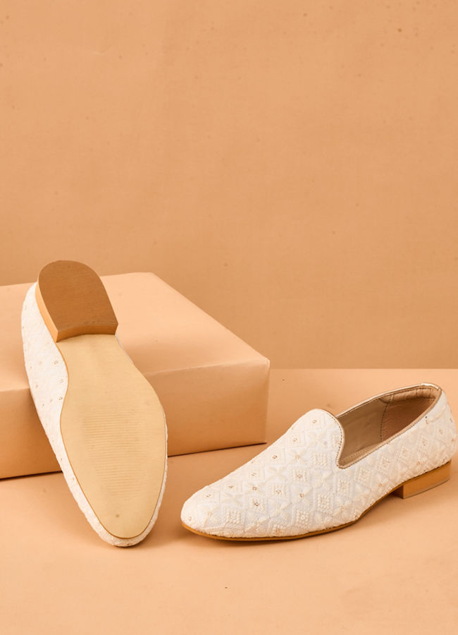 Manyavar Men Cream Art Silk Shoe with Embroidery
