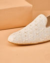 Manyavar Men Cream Art Silk Shoe with Embroidery