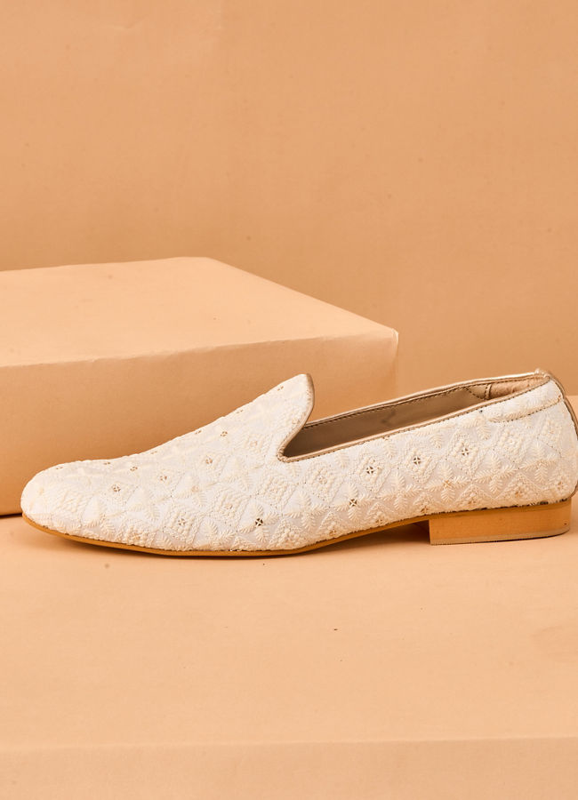 Manyavar Men Cream Art Silk Shoe with Embroidery