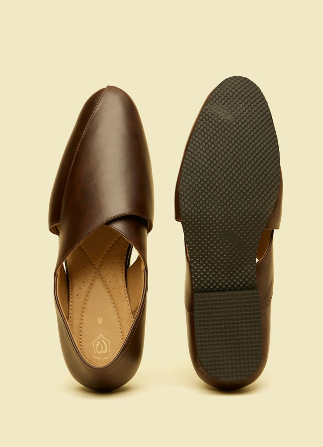 Manyavar Men Dark Brown Slip On Shoes with Cut Out Detail