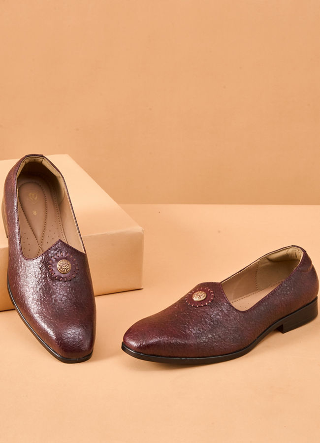 Manyavar Men Wine Faux Leather Shoe with Embellishment