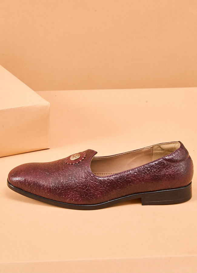 Manyavar Men Wine Faux Leather Shoe with Embellishment