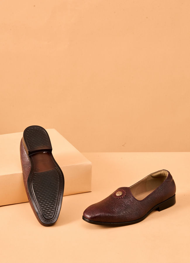 Manyavar Men Wine Faux Leather Shoe with Embellishment