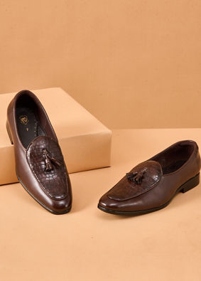 Manyavar Men Brown Faux Leather Shoes with Tassel Detail