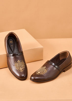 Manyavar Men Brown Faux Leather Shoe with Embroidery