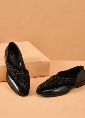 Manyavar Men Black Faux Leather Shoe with Embroidery
