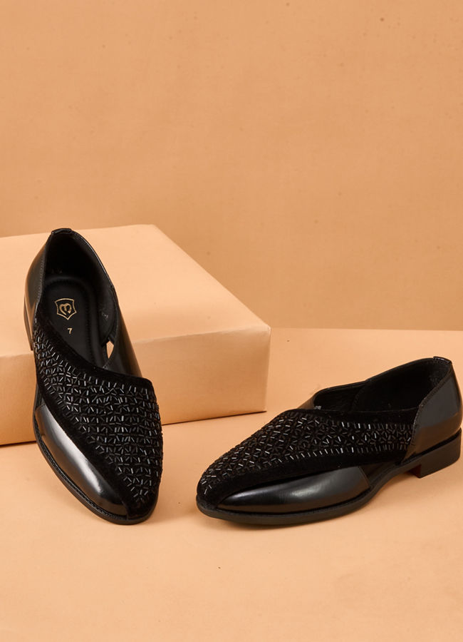 Manyavar Men Black Faux Leather Shoe with Embroidery