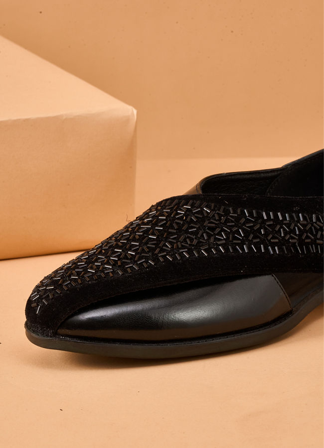 Manyavar Men Black Faux Leather Shoe with Embroidery