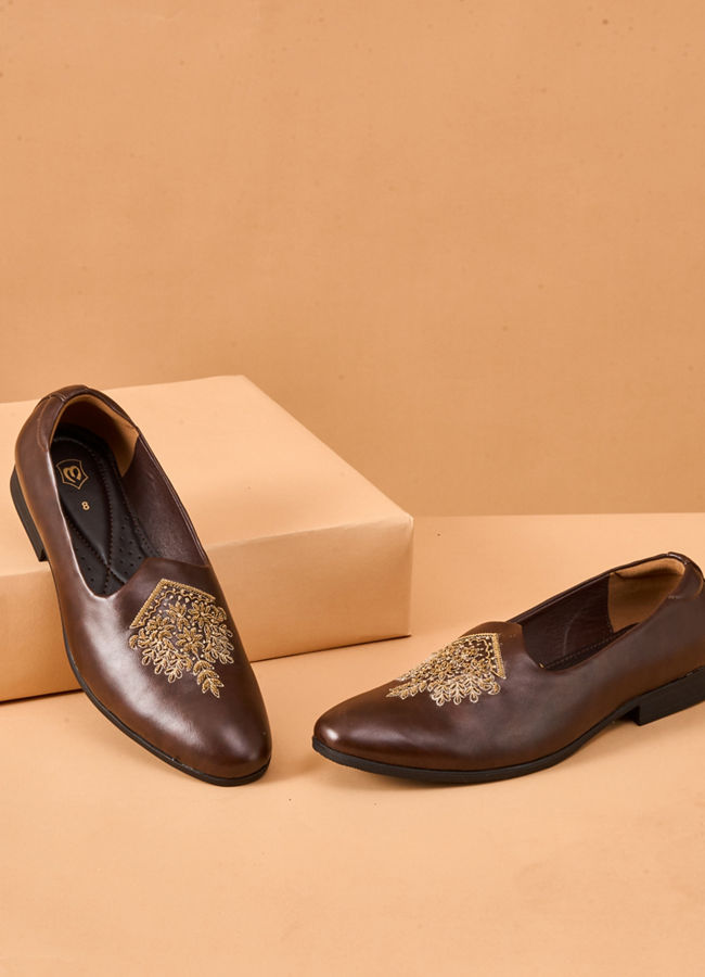 Manyavar Men Brown Faux Leather Shoe with Embroidery