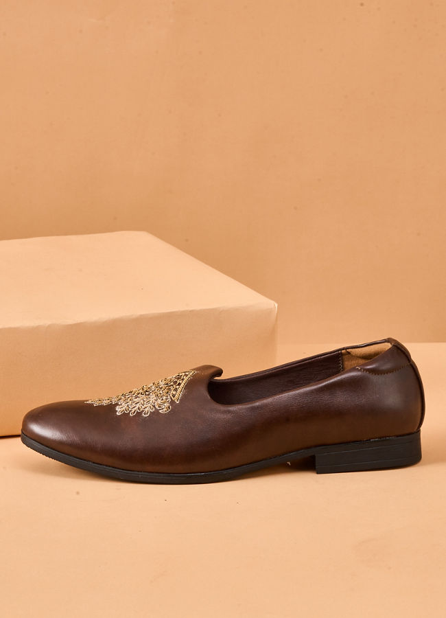 Manyavar Men Brown Faux Leather Shoe with Embroidery