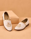 Manyavar Men Champagne Faux Leather Shoes with Embroidery