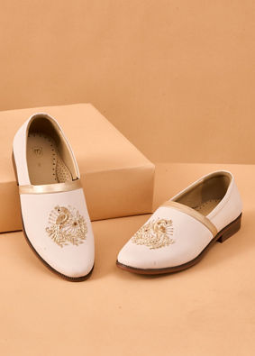 Manyavar Men Champagne Faux Leather Shoes with Embroidery