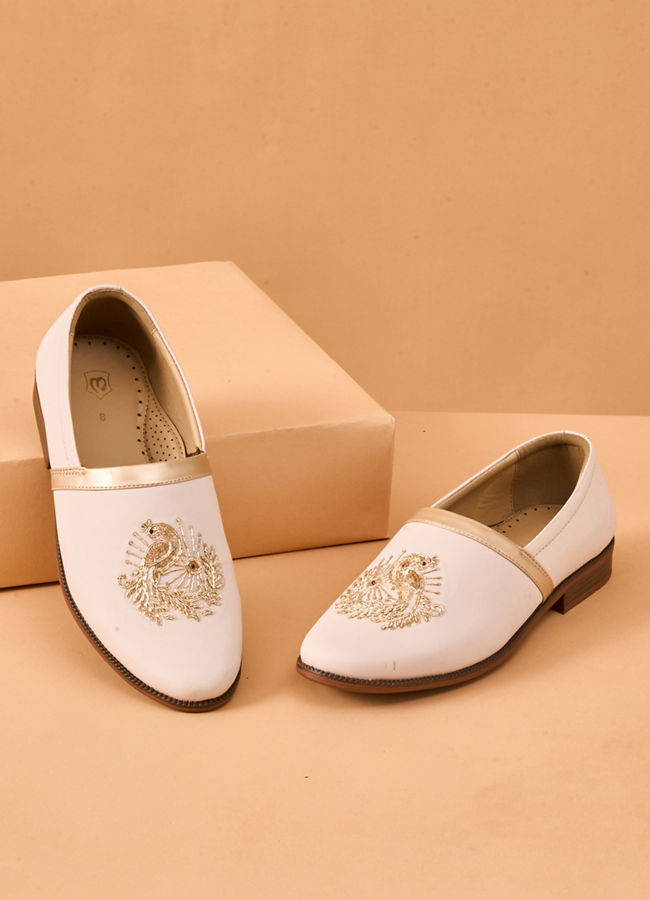 Manyavar Men Champagne Faux Leather Shoes with Embroidery