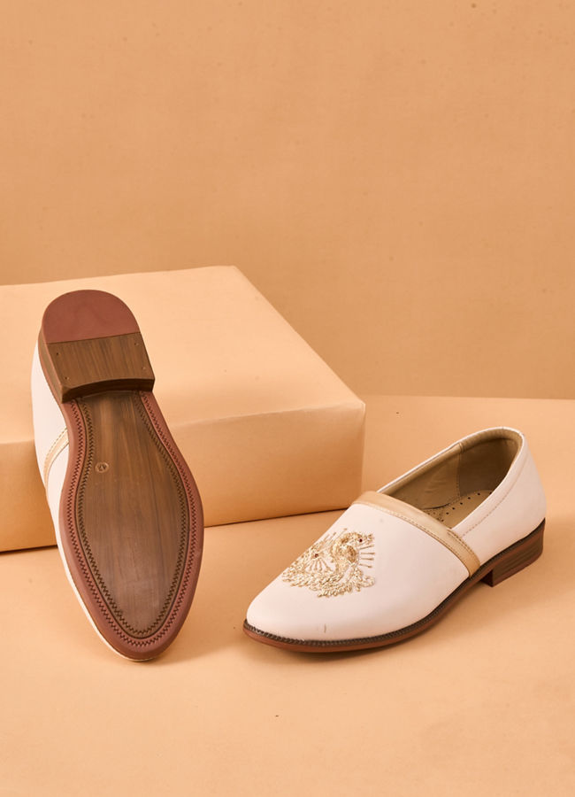Manyavar Men Champagne Faux Leather Shoes with Embroidery