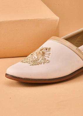 Manyavar Men Champagne Faux Leather Shoes with Embroidery