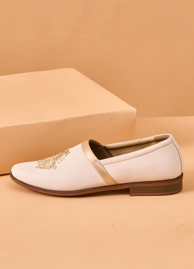 Manyavar Men Champagne Faux Leather Shoes with Embroidery