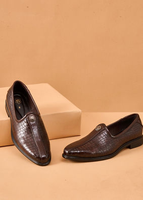Manyavar Men Brown Faux Leather Shoe with Embossed Design