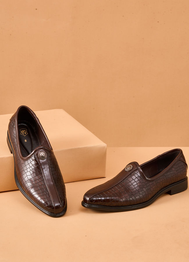 Manyavar Men Brown Faux Leather Shoe with Embossed Design