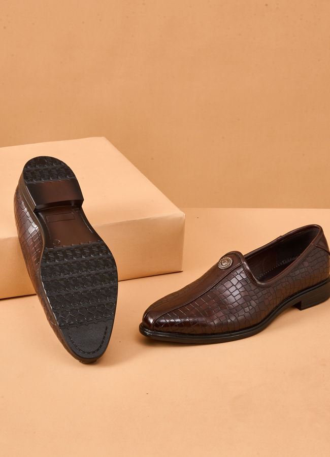 Manyavar Men Brown Faux Leather Shoe with Embossed Design