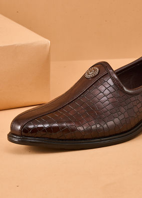 Manyavar Men Brown Faux Leather Shoe with Embossed Design
