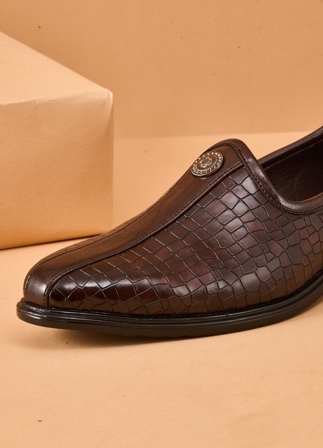 Manyavar Men Brown Faux Leather Shoe with Embossed Design