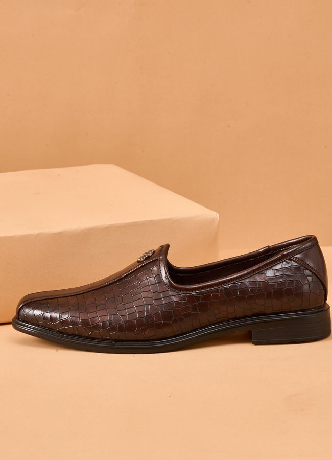 Manyavar Men Brown Faux Leather Shoe with Embossed Design