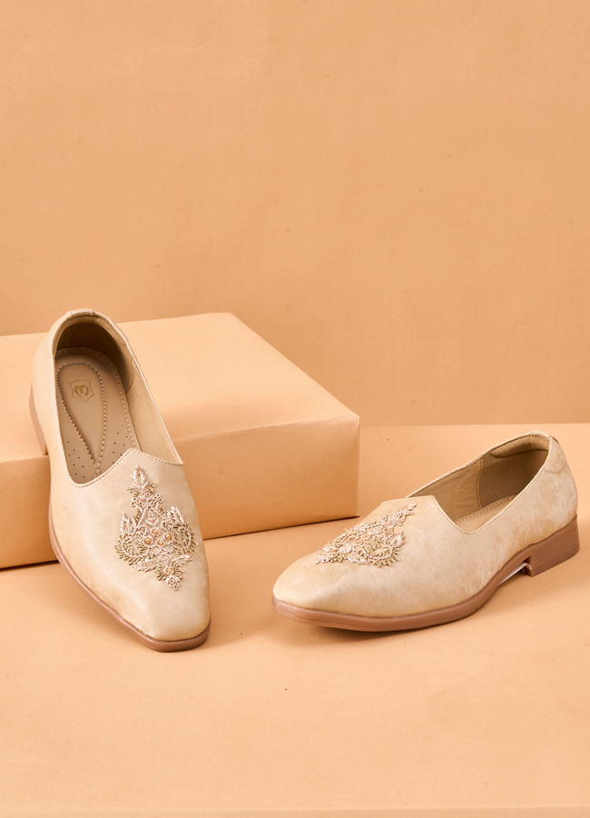 Manyavar Men Beige Faux Leather Shoe with Embroidery