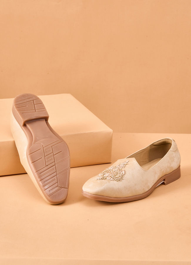 Manyavar Men Beige Faux Leather Shoe with Embroidery