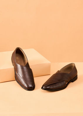 Manyavar Men Brown Faux Leather Shoe with Perforated Detail