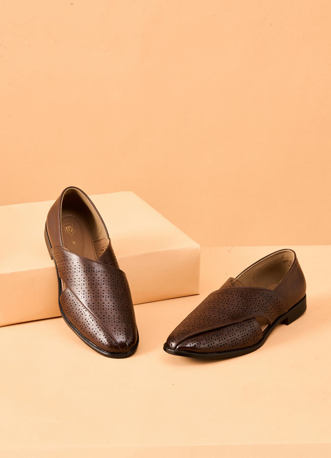 Manyavar Men Brown Faux Leather Shoe with Perforated Detail
