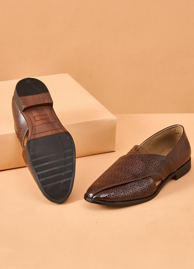 Manyavar Men Brown Faux Leather Shoe with Perforated Detail