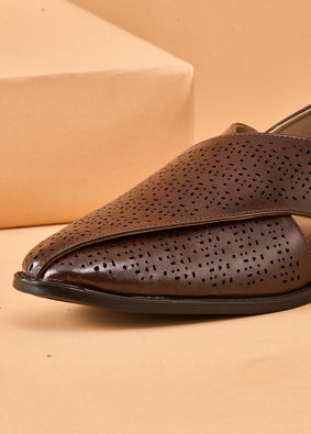 Manyavar Men Brown Faux Leather Shoe with Perforated Detail