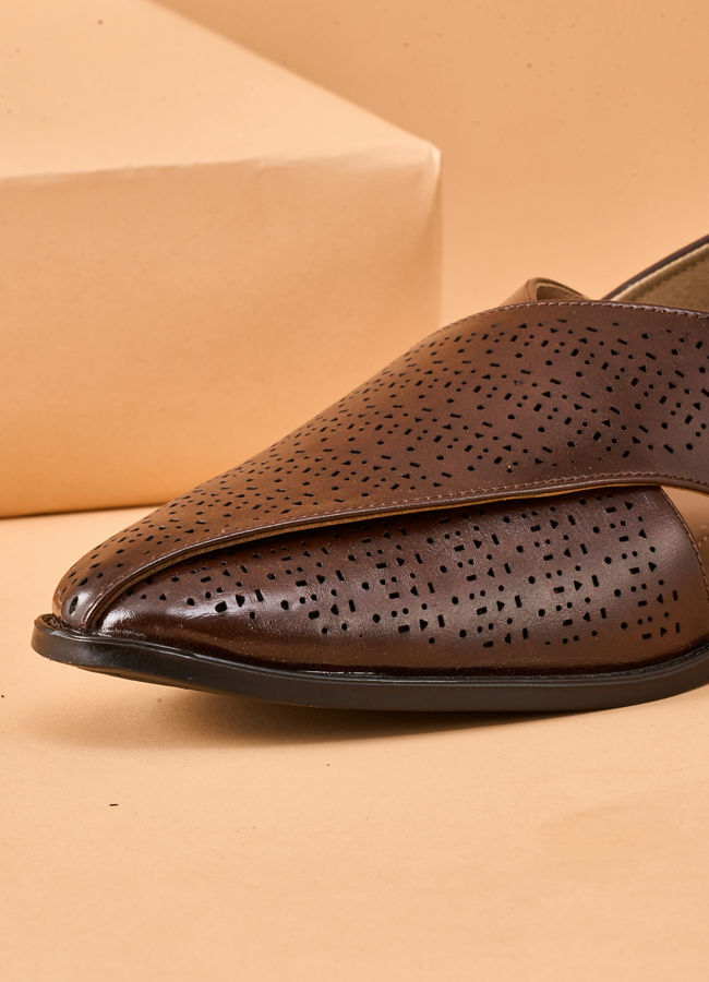 Manyavar Men Brown Faux Leather Shoe with Perforated Detail