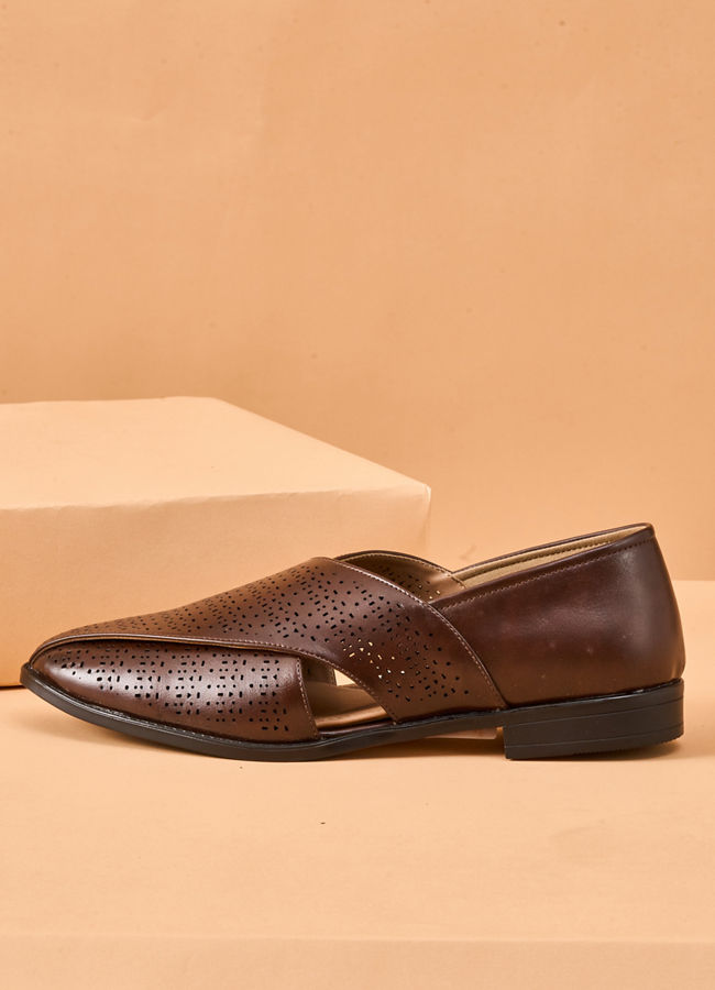 Manyavar Men Brown Faux Leather Shoe with Perforated Detail