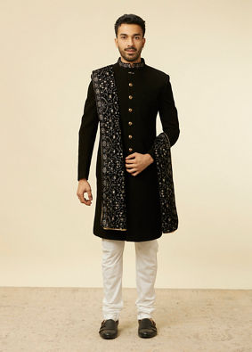 alt message - Manyavar Men Classic Black Achkan Style Sherwani Set image number 2