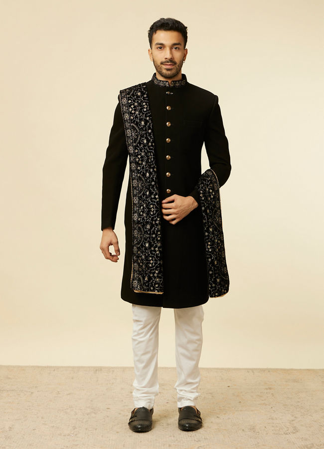 alt message - Manyavar Men Classic Black Achkan Style Sherwani Set image number 2