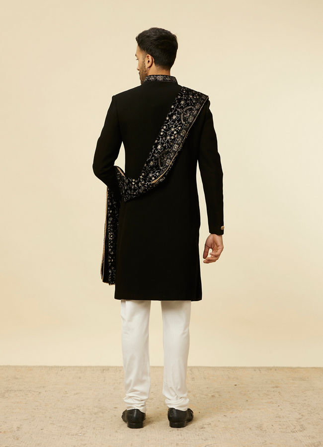 alt message - Manyavar Men Classic Black Achkan Style Sherwani Set image number 4