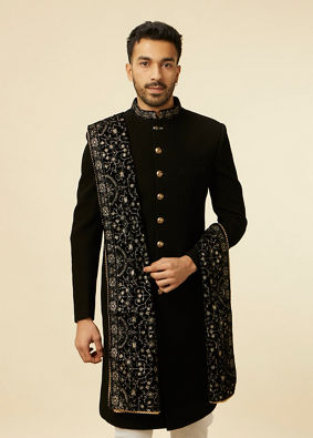 alt message - Manyavar Men Classic Black Achkan Style Sherwani Set image number 0